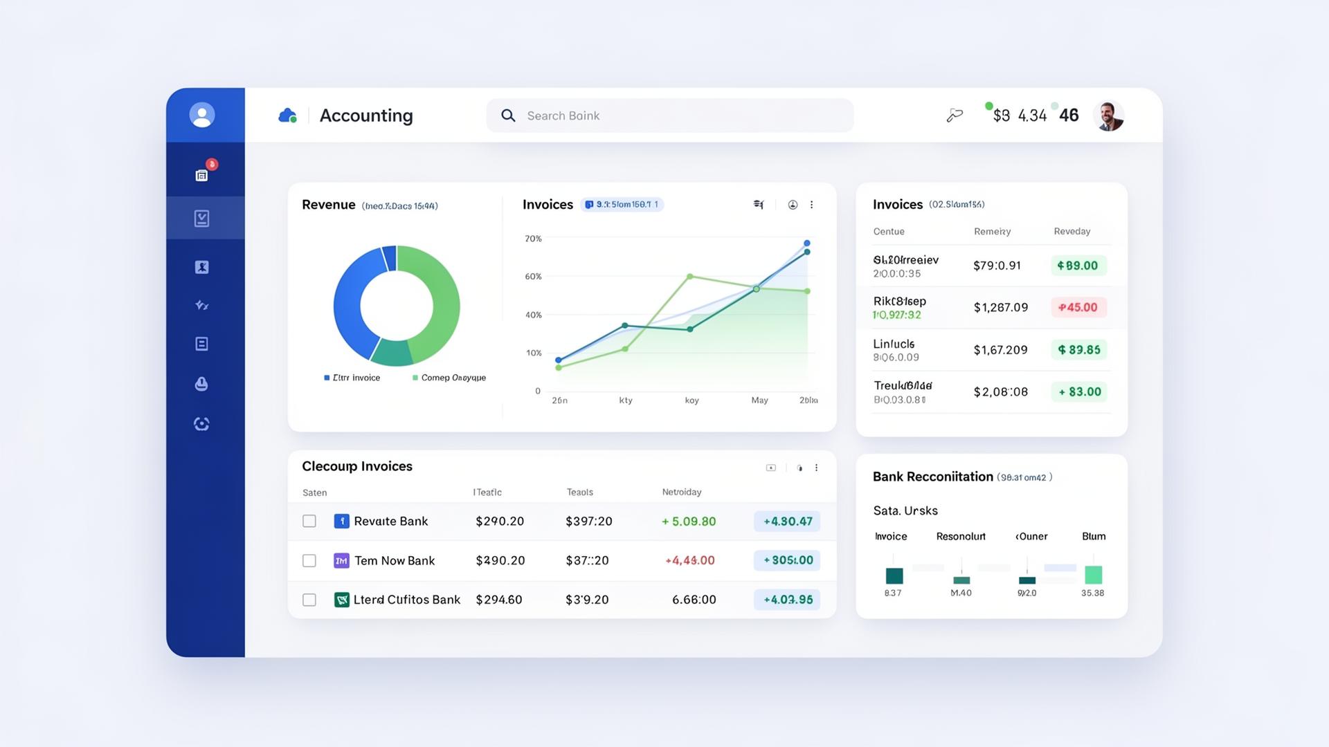 Calculx cloud accounting dashboard showing revenue charts, invoices, and bank reconciliation